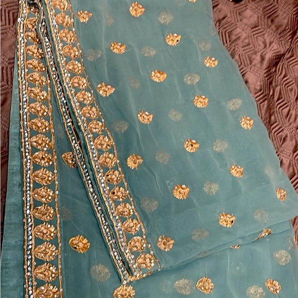 Teal Blue Heavy Lehenga, gold threading with stone and mirror accents - Picture 2 of 9